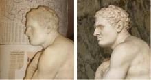 side by side comparison of two statues, Clarence and Damoxenus