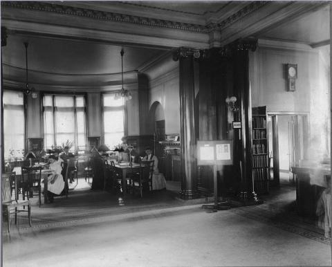 black and white photograph of West Branch reading room with long exposure