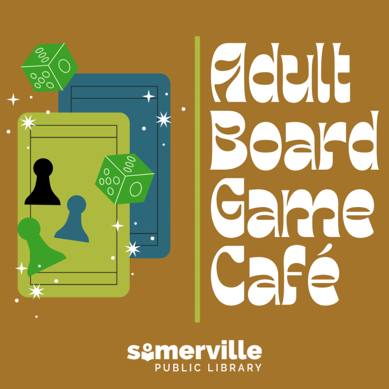 Cartoon of game pieces, cards, and dice, separated from text that reads Adult Board Game Cafe.