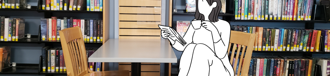 A decorative illustration of a teen reading something overlaying a picture of a study desk in front of the teen room bookshelves.
