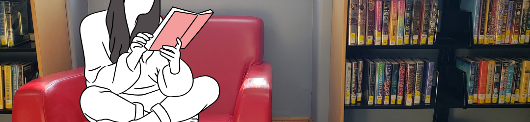 A decorative illustration of a teen reading a book overlaying an image of the comfy chair between two bookshelves in the teen room.