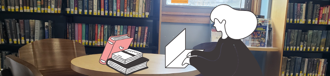 A decorative illustration of a teen hard at work on their laptop overlaying a picture of a study table in front of the teen room bookshelves.