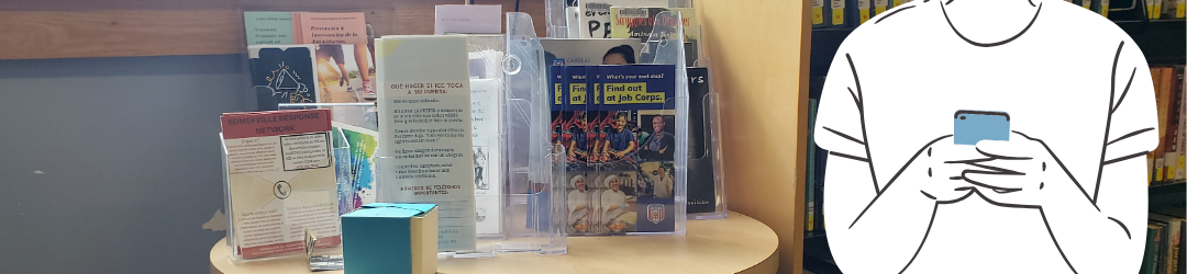 A decorative illustration of a disembodied torso holding a phone overlaying a picture of the resources table in the teen room.