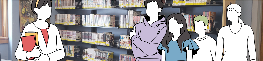 A decorative illustration of a teacher speaking to a group of students overlaying a picture of the bookshelves in the teen room.