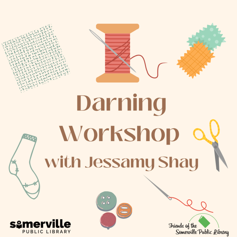 Darning Workshop with Jessamy Shay: Illustrated sewing implements surround the name of the event.
