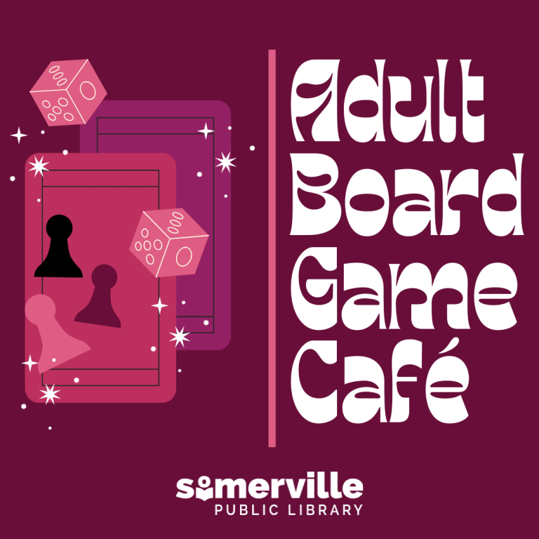 Transcript: an image of playing cards, characters, and dice in various pink hues next to text reading "Adult Board Game Cafe."