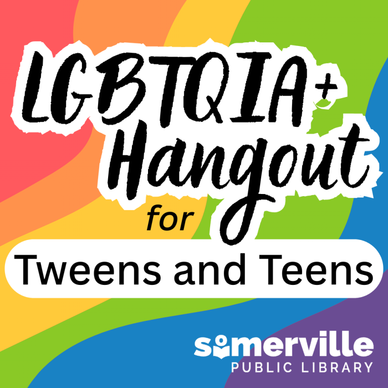 A swirly rainbow background with text reading "LGBTQIA+ hangout for tweens and teens."