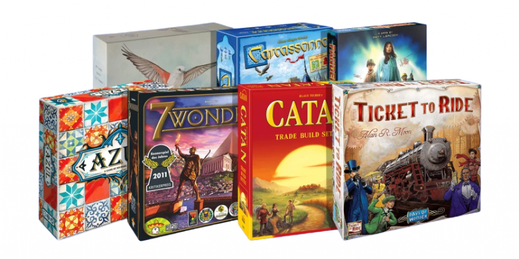 Azul, 7 Wonders, Catan, Ticket to Ride, Wingspan, Carcassonne, and Pandemic board games arranged in a group