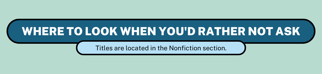 Two word bubbles in various shades of blue with a green background, reading "Where to look when you'd rather not ask. Titles are located in the non-fiction section."