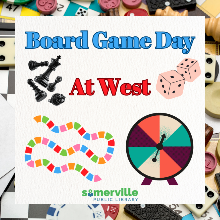 Game piece background is overlayed by a cream square with "Board Game Day at West" at the top. Chess pieces, dice, a game board, and spinning wheel decorate the image with SPL logo at the bottom.