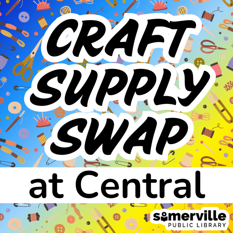 A pattern of floating crafts supplies, with text reading craft supply swap at central.