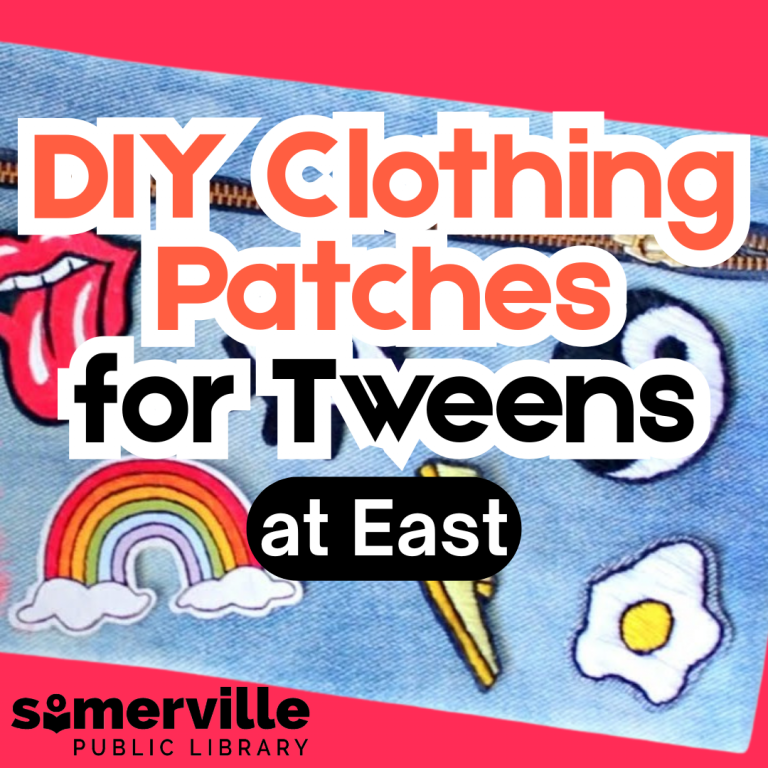 A photo of a pencil pouch with several hand-sewn patches decorating it, including a lightning bolt, egg, and rainbow. Transcript: DIY Clothing Patches for Tweens at East.
