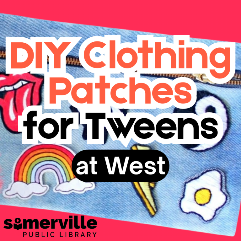 A photo of a pencil pouch with several hand-sewn patches decorating it, including a lightning bolt, egg, and rainbow. Transcript: DIY Clothing Patches for Tweens at West.