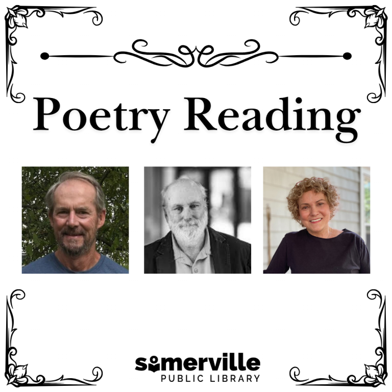 Stylized borders decorate the image. Poetry Reading is at the center with three images of the poets below. SPL logo at the bottom.