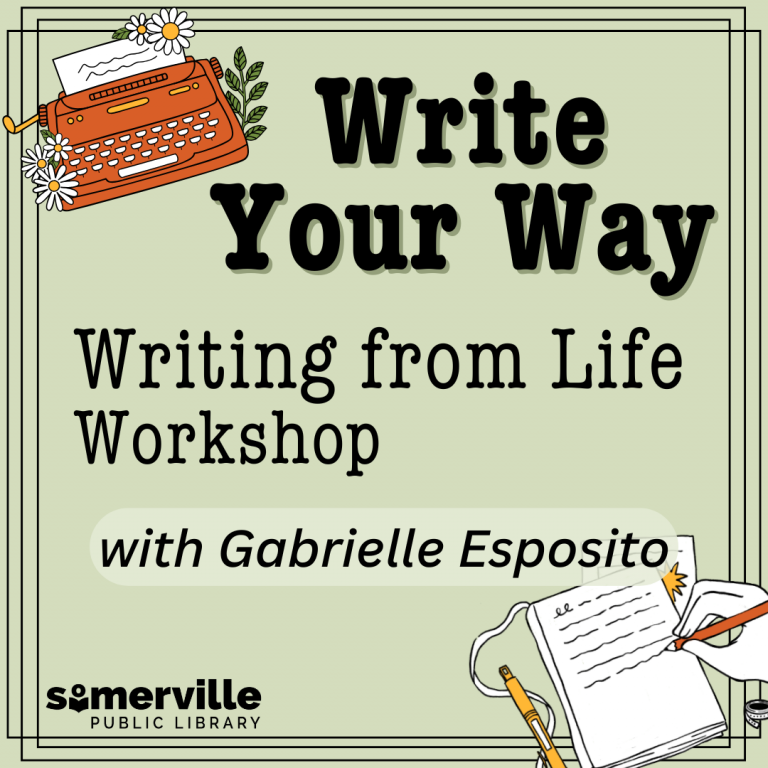 Illustrations of an orange typewriter and a disembodied hand writing on a notepad, with a pale green background. Transcript: write your way. writing from life workshop with Gabrielle Esposito.