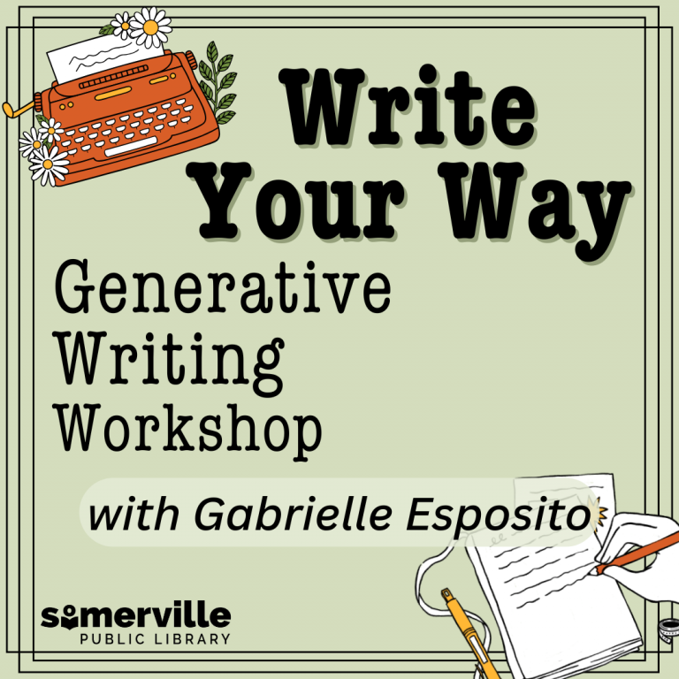 Illustrations of an orange typewriter and a disembodied hand writing on a notepad, with a pale green background. Transcript: write your way. generative writing workshop with Gabrielle Esposito.