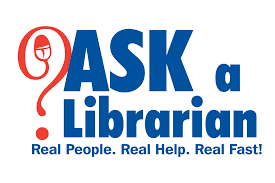 A stylized question mark appears next to the text Ask a Librarian. Real People. Real Help. Real Fast!
