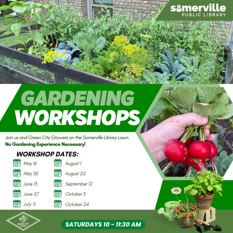 Gardening Workshops with Green City Growers. Plants and crops are shown along with dates for the program.