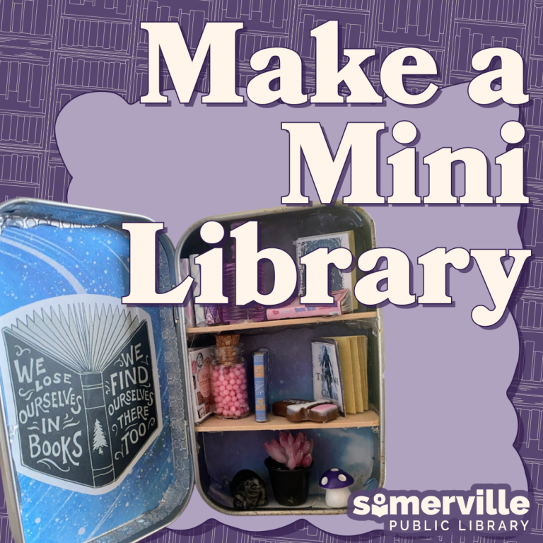 A subtle pattern of illustrated book cases with an example craft on top, featuring a small three dimensional bookshelf in a small metal tin. Text reads "make a mini library."
