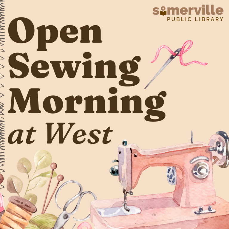 A watercolor sewing machine with various sewing notions, with text reading "open sewing morning at west".