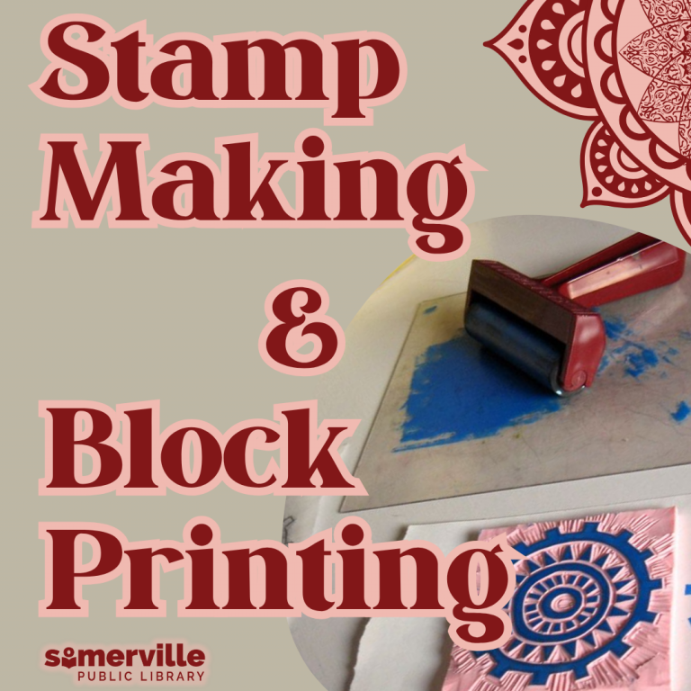 Stamp Making & Block Printing event poster with a brayer and a carved block print of a carved block of a cogwheel.