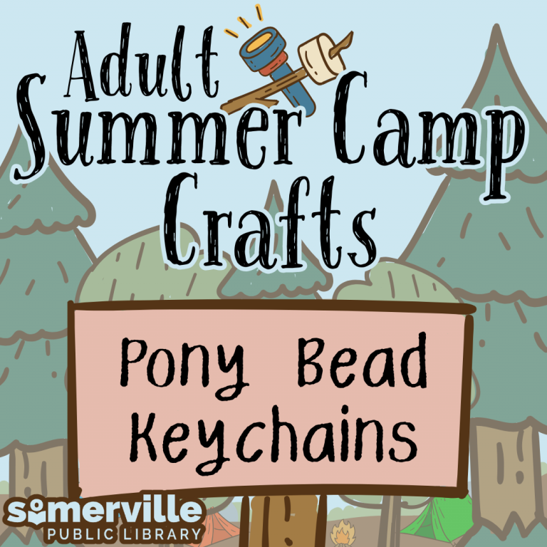 Hand-drawn trees and tents rest in the background with a flashlight and s'mores stick in the foreground. Text reads "adult summer camp crafts: pony bead keychains."
