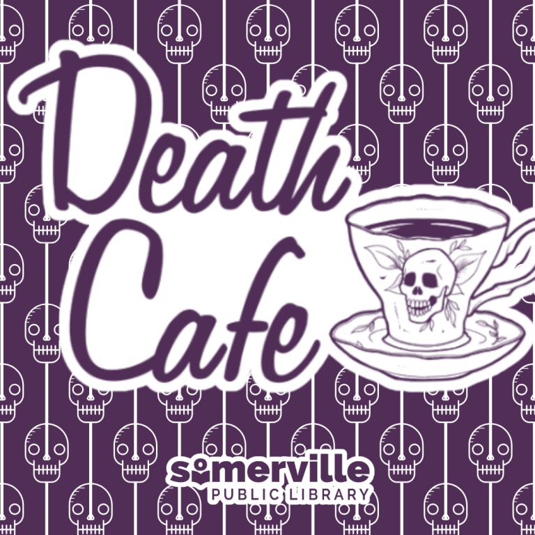 While Skulls decorate the purple background in columns. The program title, Death Cafe at Central Library is displayed in the middle with the SPL logo at the bottom.