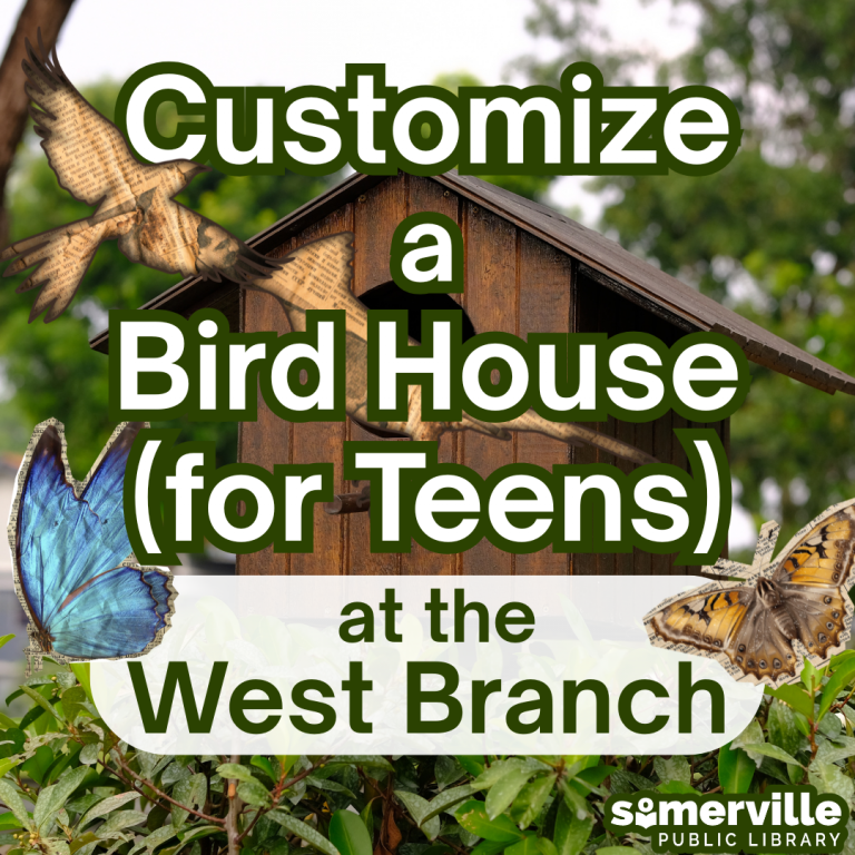Customize a bird house for teens event at the West Branch, featuring a birdhouse, birds, butterflies and SPL logo.