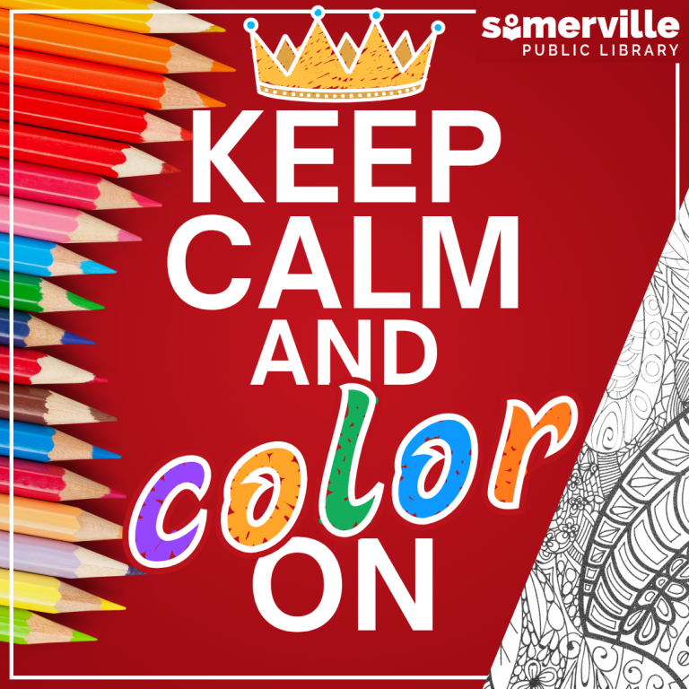 Realistic coloring pencils and a snippet of a coloring page on a red background. Text reads "keep calm and color on."