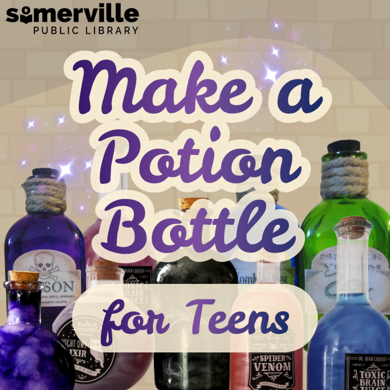 several custom potion bottles fill the background of the image. "Make a potion bottle for Teens" is overlayed in bubbly script text. SPL logo on top left.