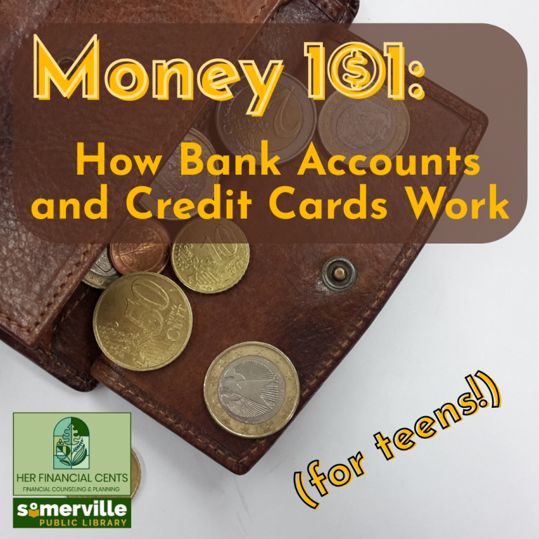 A photo of a leather wallet with various coins spilling out. Text reads "Money 101: how bank accounts and credit cards work (for teens)."