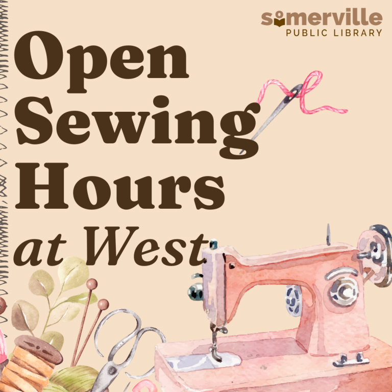 A watercolor sewing machine with various sewing notions, with text reading "open sewing hours at west".