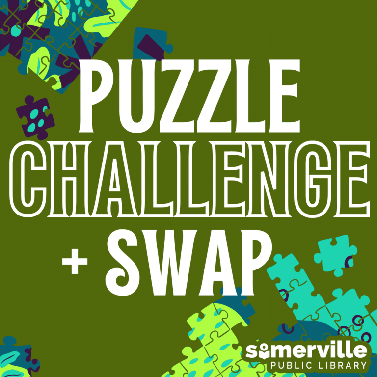Colorful, scattered puzzle pieces in the background, with text in the foreground reading "puzzle challenge + swap."