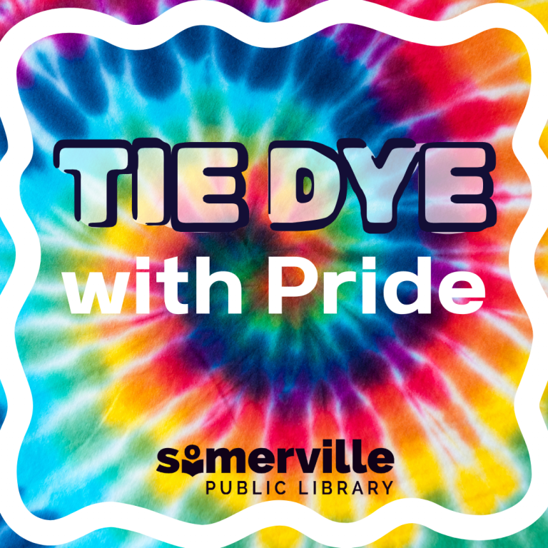 A rainbow tie-dye spiral in the background, with text in the foreground reading, "tie-dye with pride."