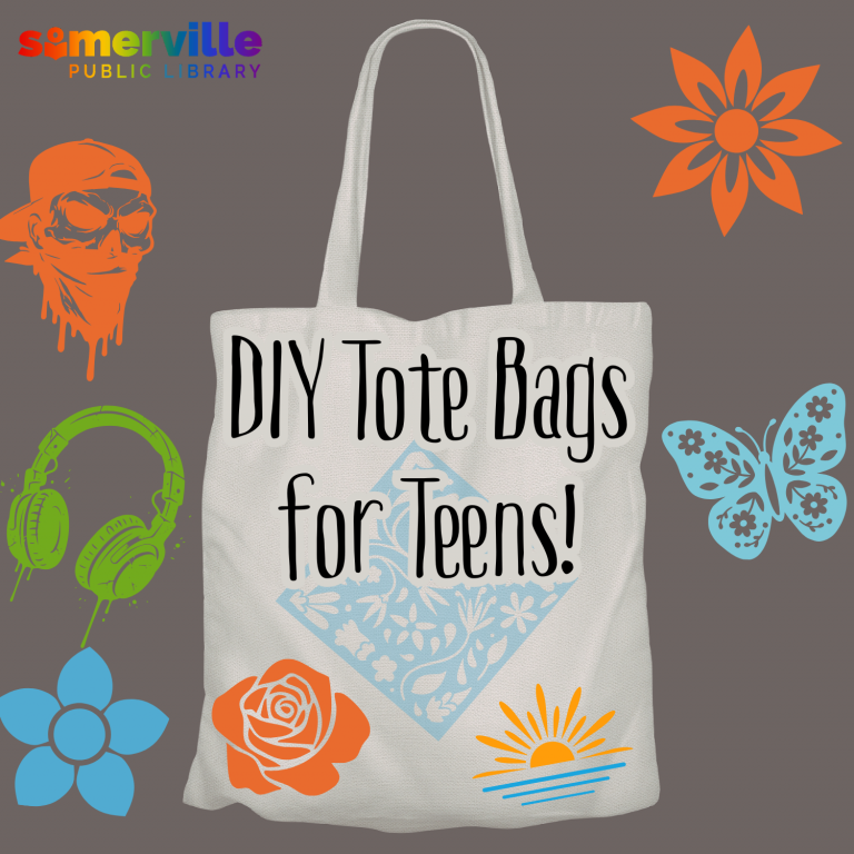 Stencil art surrounds a tote bag with "DIY Tote Bags for Teens!" in the center. SPL logo on top left.