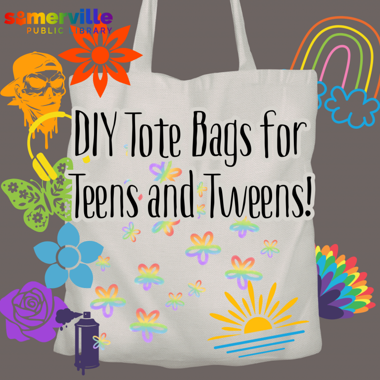 Stencil art surrounds a tote bag with "DIY Tote Bags for Teens and Tweens!" in the center. SPL logo on top left.