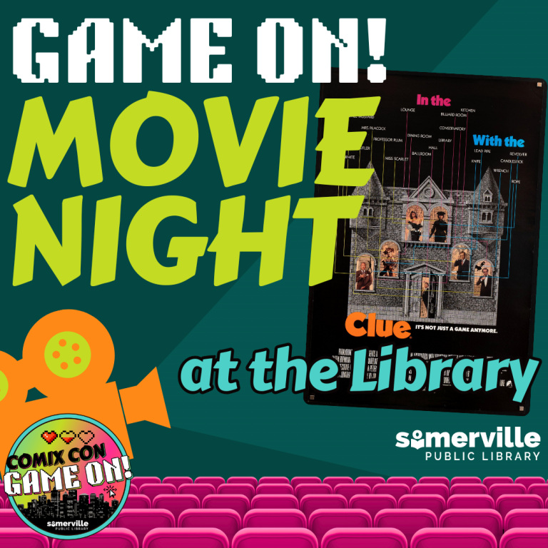 A bright orange film reel projects the movie cover to Clue (1985), with hot pink theater seats at the bottom. Text reads "Game on Movie night at the library."