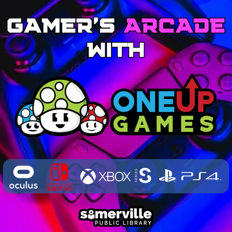 PS5 controller background is overlayed with Gamer's Arcade with One Up Games. Various game systems are advertised along with SPL logo at the bottom.