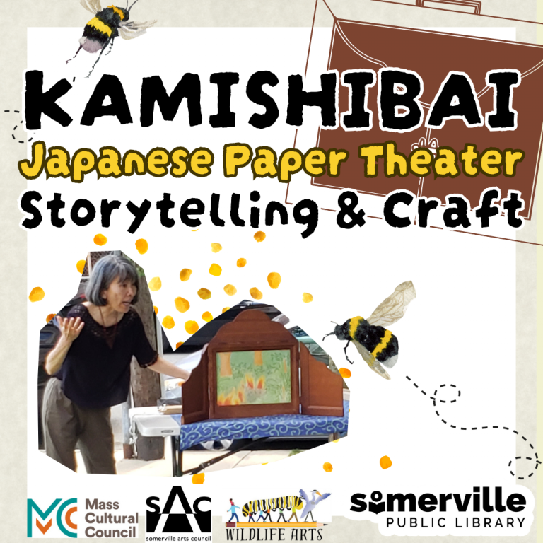 Kamishibai Japanese Paper Theater Storytelling & Craft event poster featuring a storyteller, a miniature theater stage, and bees.