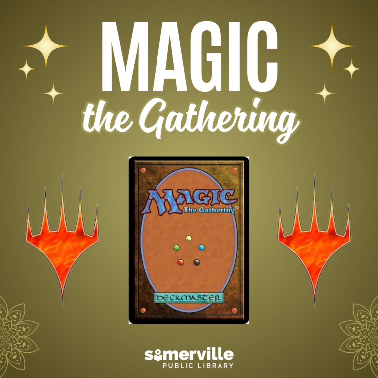 Magic the Gathering sits atop a Magic Card with symbols for the game on either side. SPL logo on bottom.