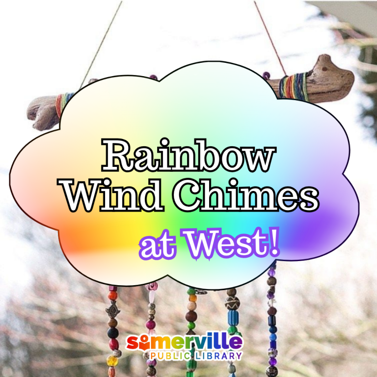 A rainbow wind chime is overlayed by a rainbow bubble wit h Rainbow Windchimes at West and SPL logo