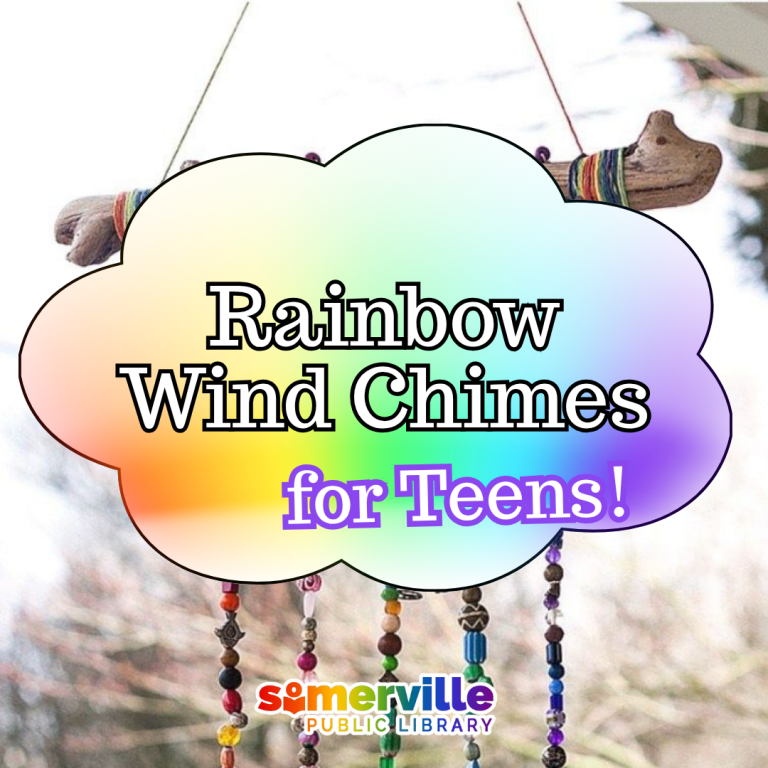 A rainbow wind chime is overlayed by a rainbow bubble wit h Rainbow Windchimes for Teens and SPL logo