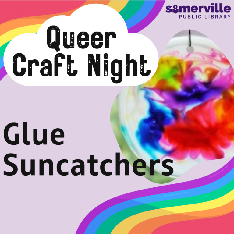 A photo of a colorful swirly window ornament. Text reads "queer craft night: glue suncatchers."