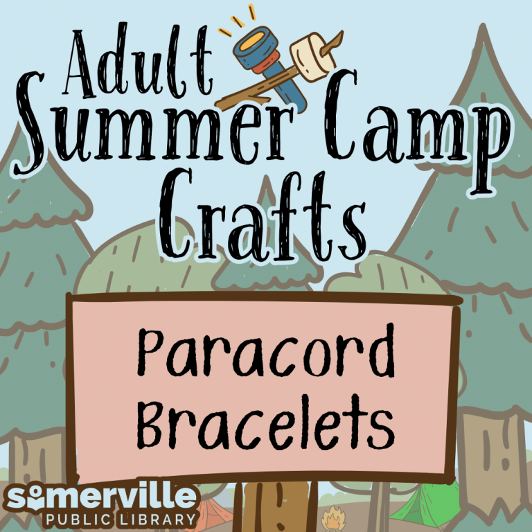 Hand-drawn trees and tents with a s'mores stick and flashlight, with text reading "adults summer camp crafts: paracord bracelets".