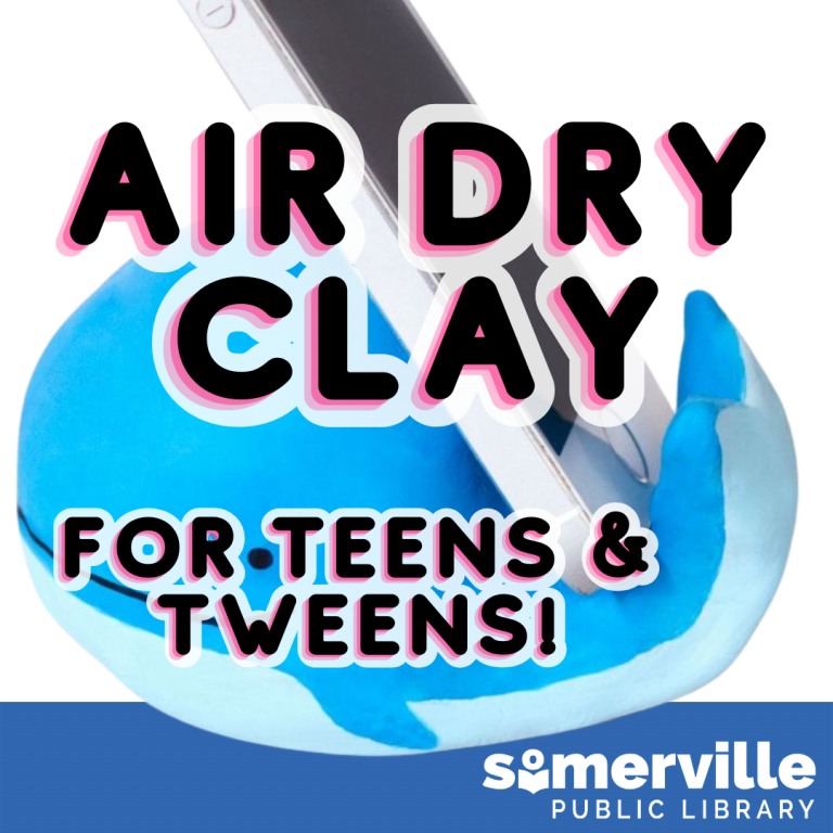 Air Dry Clay for Teens & Tweens event flyer featuring a clay blue whale holding a phone.