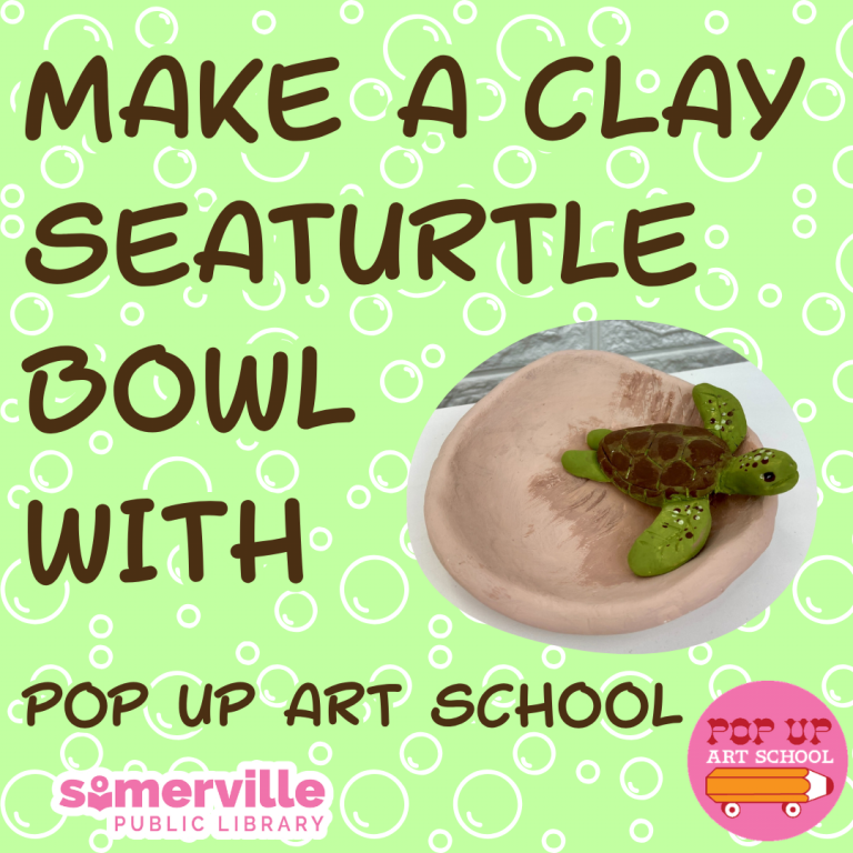 Green bubble background is overlayed with text "Make a clay seaturtle bowl with pop up art school. A picture of a clay seaturtle bowl, SPL logo, and Pop Up Art School logo are shown.