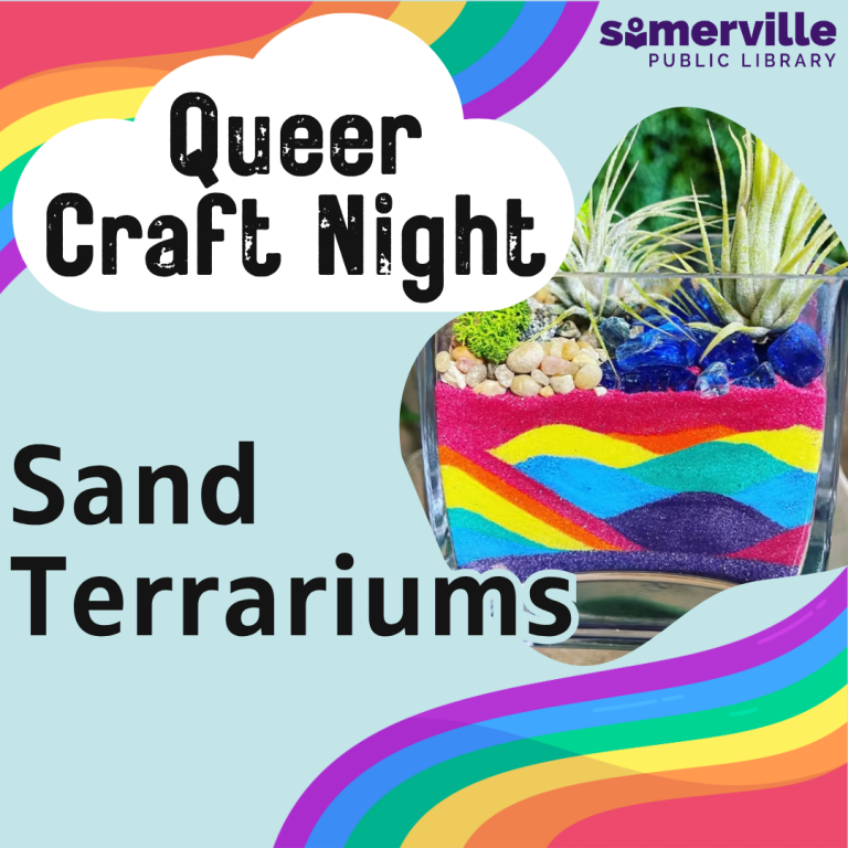 A photo of a decorative terrarium with layered sand in rainbow colors. Text reads "queer craft night. sand terrariums."