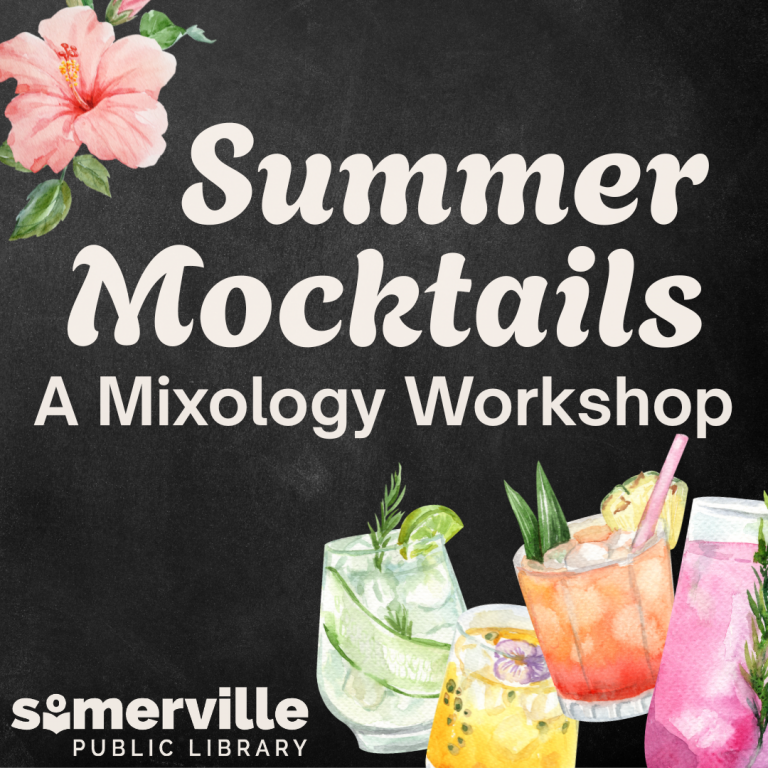 A chalkboard featuring drawings of colorful, fruity drinks. Text reads "Summer mocktails: a mixology workshop."