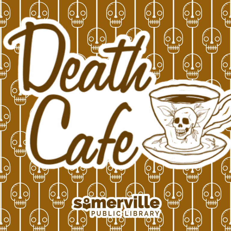 And abstract skull pattern repeating in the background, with a teacup in the foreground and text reading "death cafe."