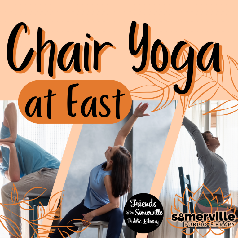 Three people doing different chair yoga poses. Text reads "chair yoga at east."